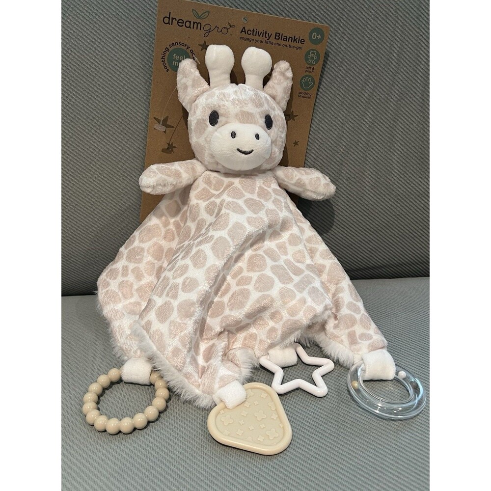 Dream Gro Giraffe Baby Lovey Sensory Activity Blankie Teether Rattle Ring Toy